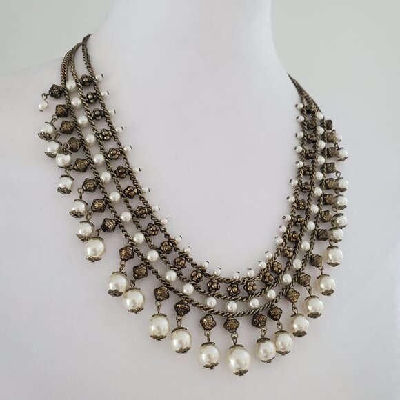 Vtg Ornate Dangly Pearl Statement Necklace Rustic Brassy Triple Chain Estruscan - Picture 2 of 6